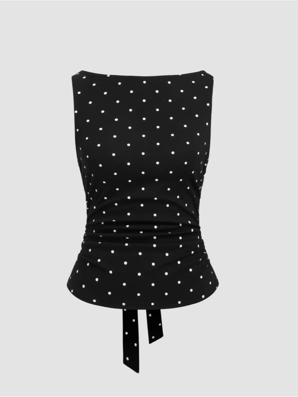 COTTON-BLEND BOAT NECK KNOTTED POLKA DOT RUCHED TANK TOP
